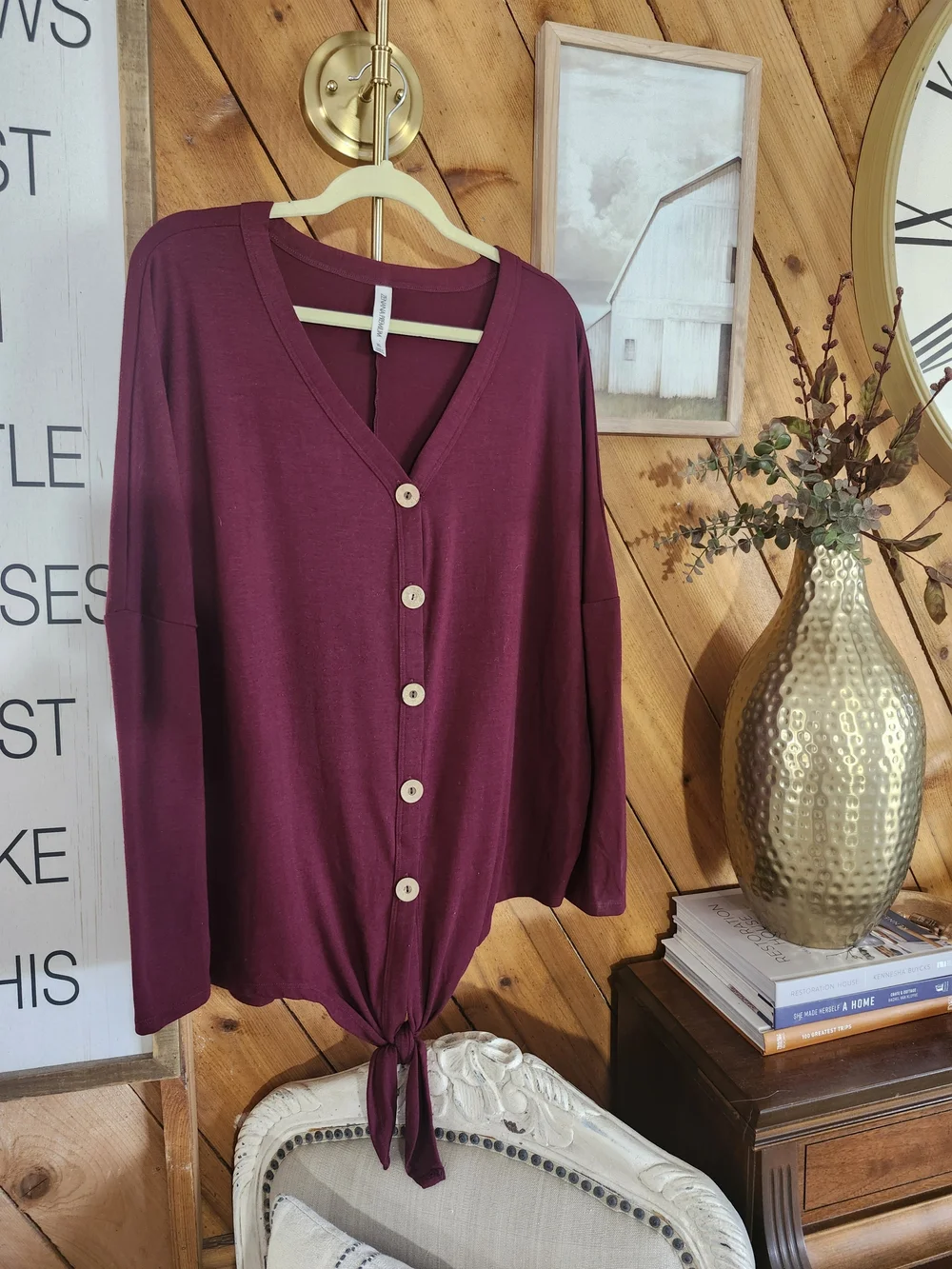 Zenana Premium Burgundy Tie Front Button Henley Top XL | Soft Casual Blouse